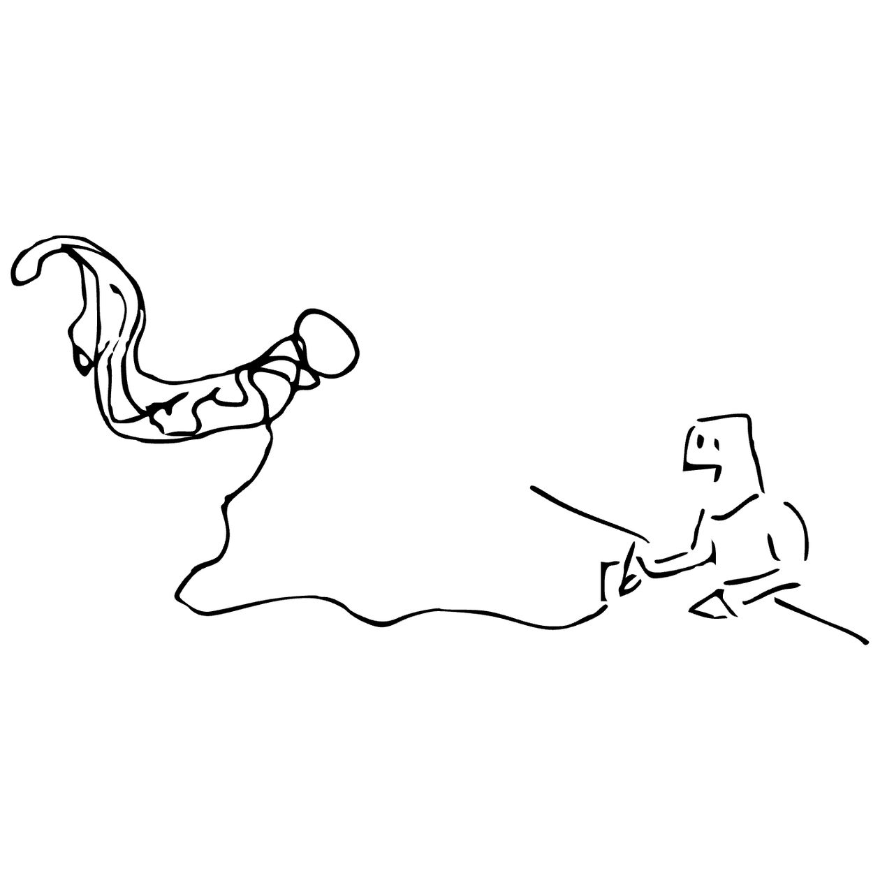 A drawing of a person drawing, with the line they are drawing turning into a saxophone