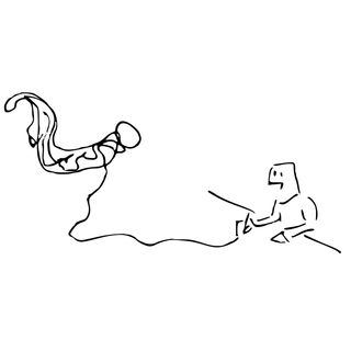 A drawing of a person drawing, with the line they are drawing turning into a saxophone