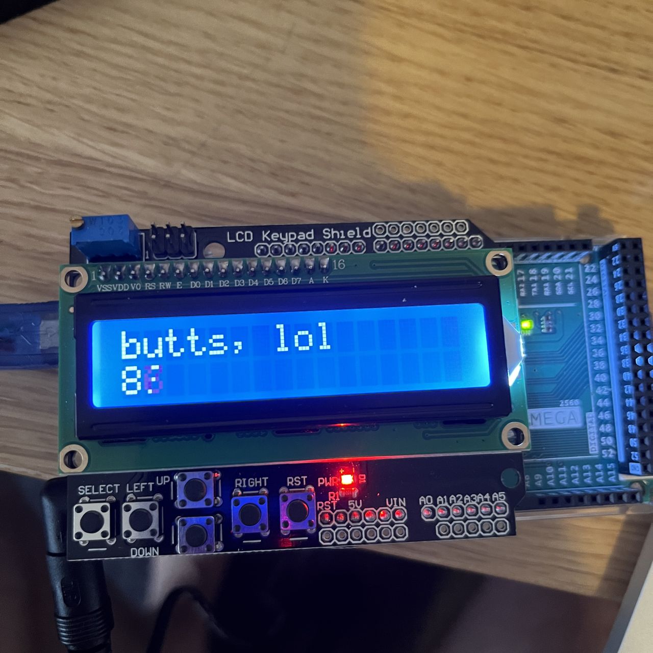 A photo of an Arduino microcontroller with an LCD display that says "butts, lol"