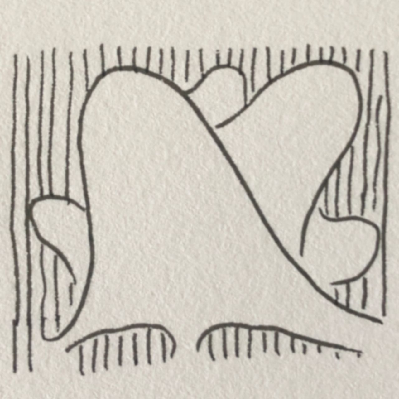 An abstract drawing of several ghostlike shapes against a background of vertical lines