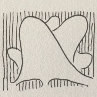 An abstract drawing of several ghostlike shapes against a background of vertical lines