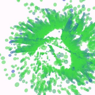 An abstract pattern of green and blue dots on a white background